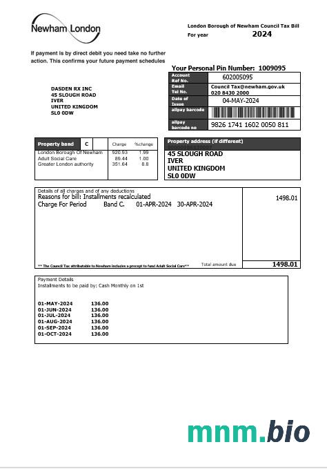 Wielka Brytania London Of Borough of Newham council tax rachunek za usługi komunalne szablon w formacie Word i PDF